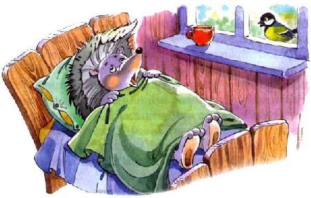 Ёж Кирюха лежит в кровати, заболел