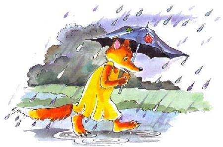 Лиса Лариска идет под дождем с зонтом