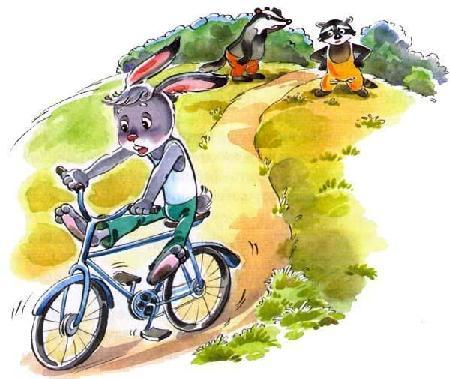 Заяц Коська едет на велосипеде и барсуки