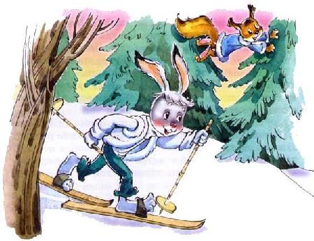 Заяц Коська едет на лыжах по заснеженному лесу