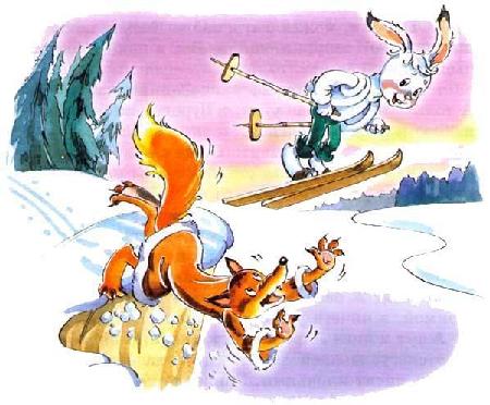 Заяц Коська на лыжах прыгает с трамплина, снег, лиса упала